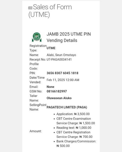 JAMB 2025 UTME Registration Voucher for Alabi, Seun Omotayo