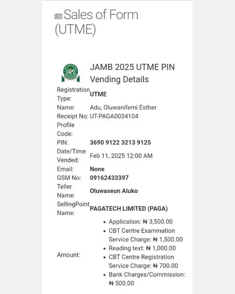 JAMB 2025 UTME Registration Voucher for Adu, Oluwanifemi Esther