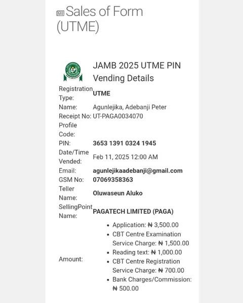 JAMB 2025 UTME Registration Voucher for Agunlejika, Adebanji Peter