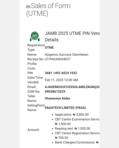 JAMB 2025 UTME Registration Voucher for Ajagemo, Success Olamilekan
