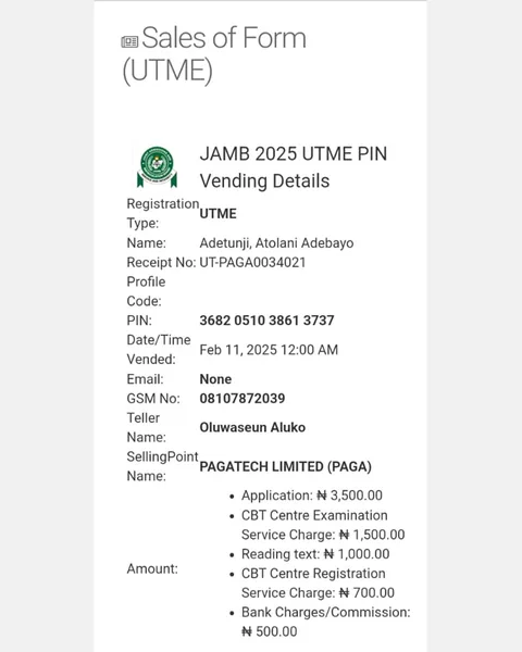 JAMB 2025 UTME Registration Voucher for Adetunji, Atolani Adebayo