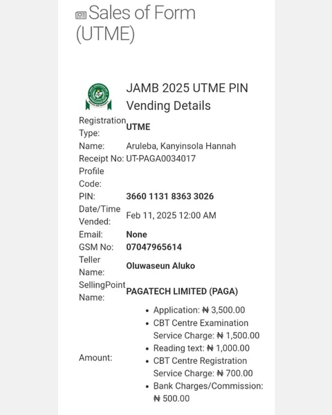 JAMB 2025 UTME Registration Voucher for Aruleba, Kanyinsola Hannah