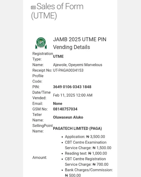 JAMB 2025 UTME Registration Voucher for Ajewole, Opeyemi Marvelous