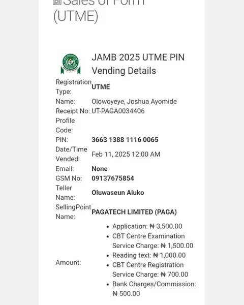 JAMB 2025 UTME Registration Voucher for Olowoyeye, Joshua Ayomide