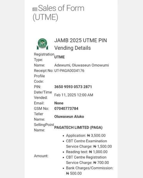 JAMB 2025 UTME Registration Voucher for Adewumi, Oluwaseun Omowumi