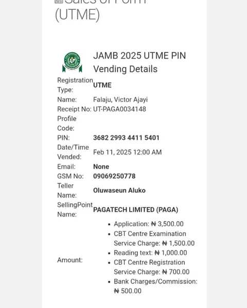 JAMB 2025 UTME Registration Voucher for Falaju, Victor Ajayi (Candidate 21)
