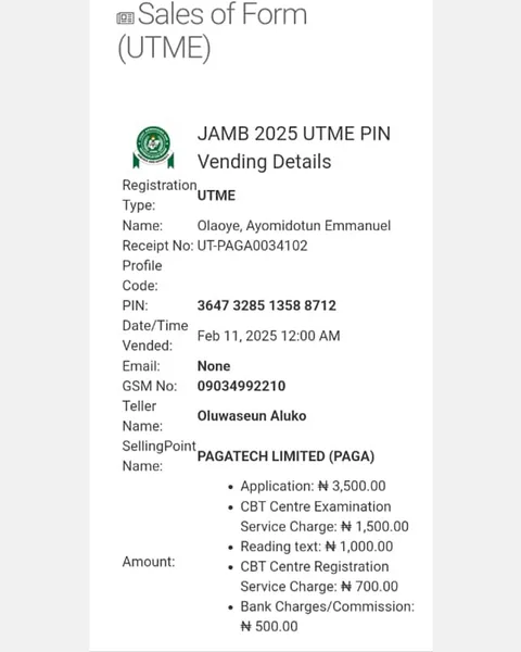 JAMB 2025 UTME Registration Voucher for Olaoye, Ayomidotun Emmanuel (Candidate 24)