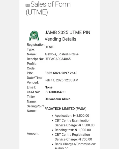 JAMB 2025 UTME Registration Voucher for Ajewole, Joshua Praise (Candidate 26)
