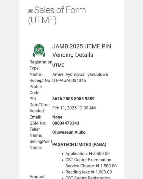 JAMB 2025 UTME Registration Voucher for Amire, Ayomiposi Iyanuoluwa (Candidate 30)