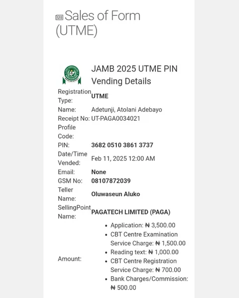 JAMB 2025 UTME Registration Voucher for Adetunji, Atolani Adebayo (Candidate 34)