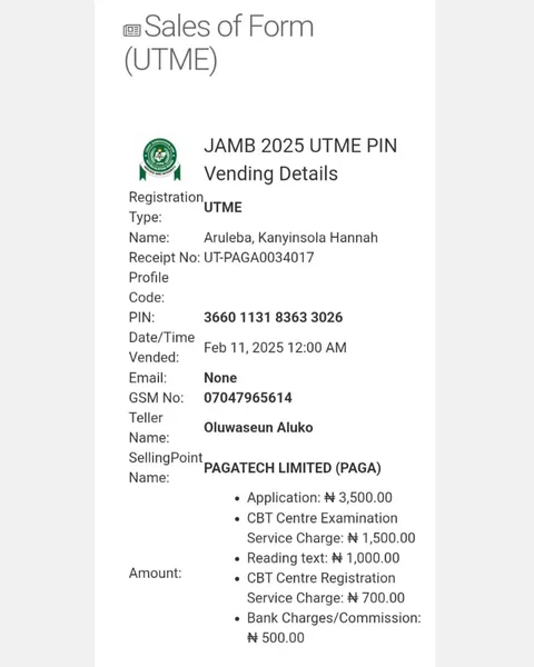 JAMB 2025 UTME Registration Voucher for Aruleba, Kanyinsola Hannah (Candidate 35)